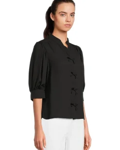 Elbow Sleeve Bow Placket Blouse