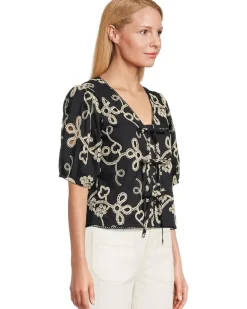 Embrodiery Short Sleeve Open Tie Front Top