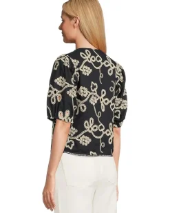 Embrodiery Short Sleeve Open Tie Front Top
