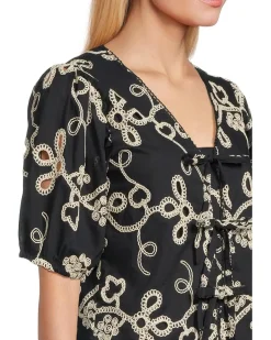 Embrodiery Short Sleeve Open Tie Front Top