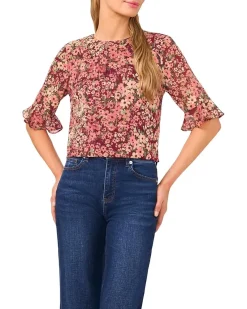 Floral Ruffle Cuff Crew Neck Top