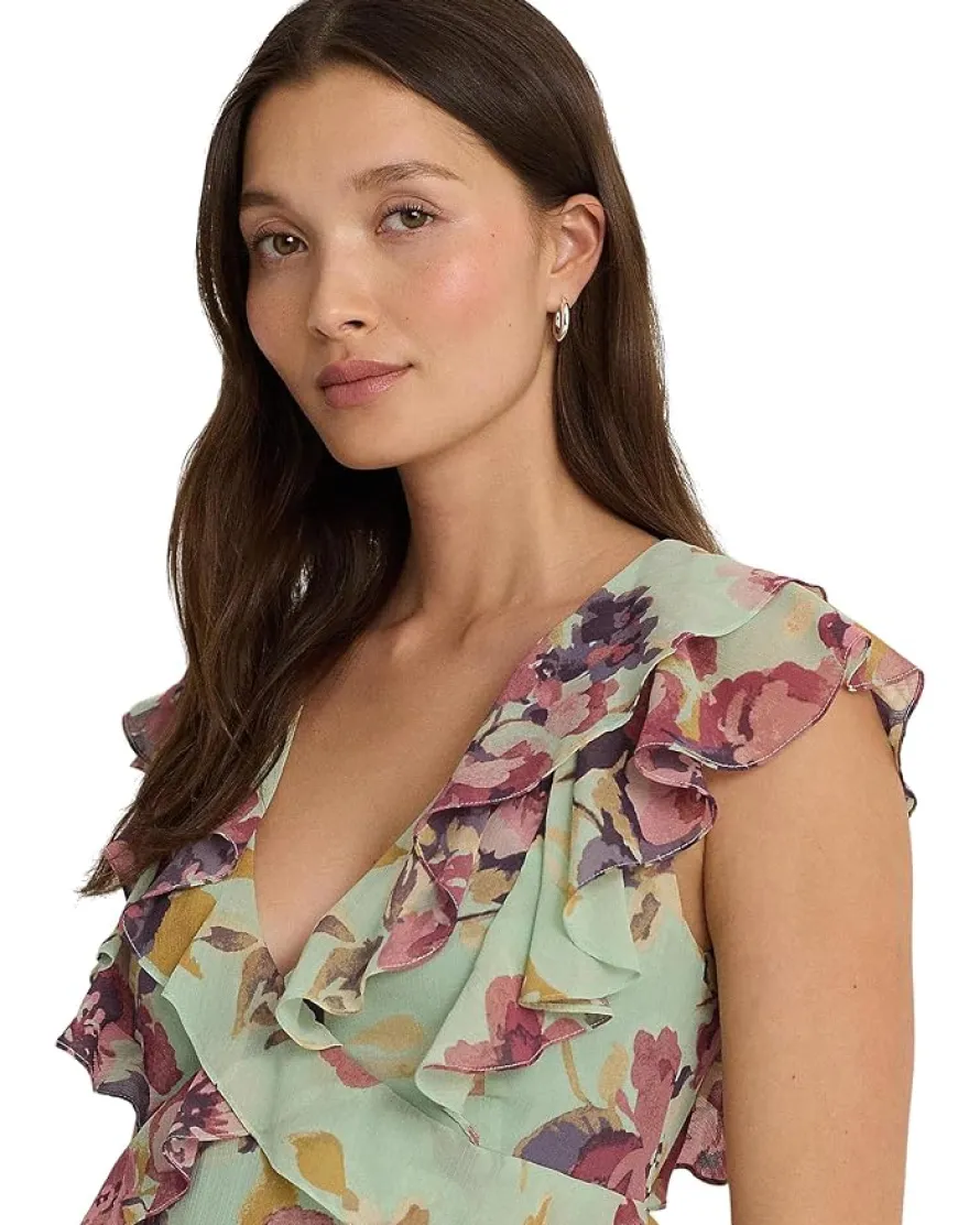 Floral Ruffle-Trim Georgette Dress