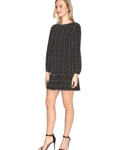 Flounced Hem Dot Print Crepe Dress