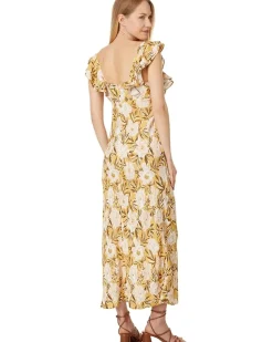 Flutter-Sleeve Slip Maxi Dress in Floral Cupro-Blend
