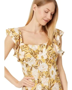 Flutter-Sleeve Slip Maxi Dress in Floral Cupro-Blend