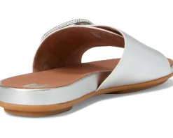 Gracie Crystal Maxi-Buckle Metallic-Leather Slides