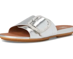 Gracie Crystal Maxi-Buckle Metallic-Leather Slides