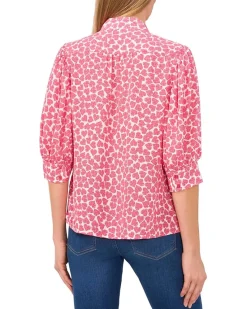 Heart Ruched Sleeve Hidden Placket Blouse