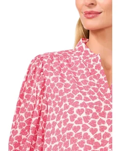 Heart Ruched Sleeve Hidden Placket Blouse