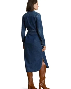 Horsebit-Trim Belted Denim Shirtdress