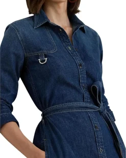 Horsebit-Trim Belted Denim Shirtdress