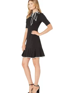 Knit Crepe Tie Neck Flounce Dress