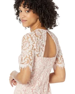 Lace Jewel Neck Elbow Sleeve Bodycon Open Back Dress