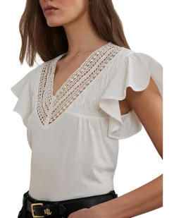 Lace-trim Jersey Flutter-sleeve Tee