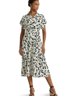 Leaf-Print Belted Crepe Dress