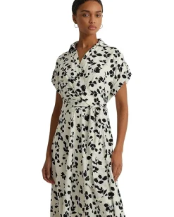 Leaf-Print Belted Crepe Dress