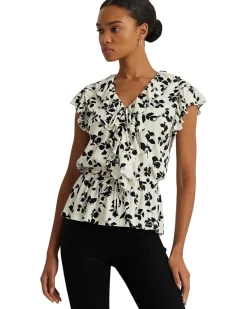 Leaf-Print Ruffle-Trim Jersey Peplum Top