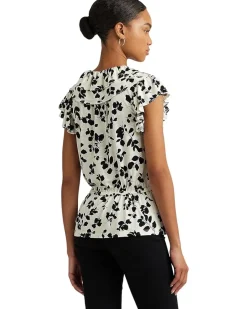 Leaf-Print Ruffle-Trim Jersey Peplum Top