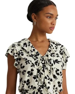 Leaf-Print Ruffle-Trim Jersey Peplum Top