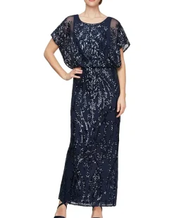 Long Blouson Column Dress with Flutter Sleeves