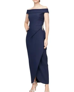 Long Compression Off-the-Shoulder Dress with Hip Embellishment