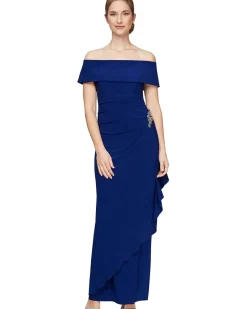 Long Off-the-Shoulder Dress With Fold-Over Cuff, Embellishment Detail at Hip and Cascade Ruffle Skirt