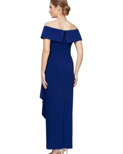 Long Off-the-Shoulder Dress With Fold-Over Cuff, Embellishment Detail at Hip and Cascade Ruffle Skirt