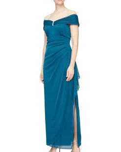 Long Off-the-Shoulder Mesh Dress with Embellished Neckline