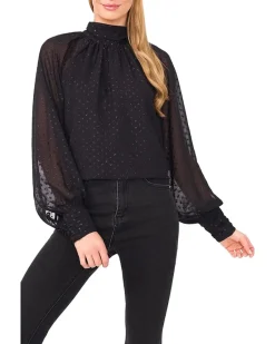 Long Sleeve Bow Neck Clip Dot Blouse