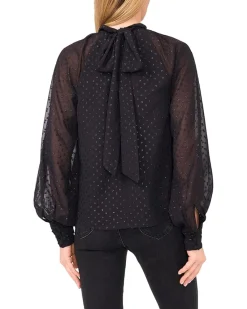 Long Sleeve Bow Neck Clip Dot Blouse