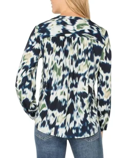 Long Sleeve Button Front Shirred Woven Blouse