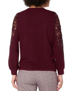 Long Sleeve Crew Neck Lace Inset Knit Top