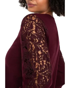 Long Sleeve Crew Neck Lace Inset Knit Top