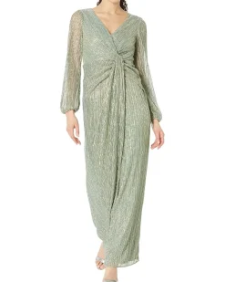 Long Sleeve Crinkle Metallic Gown with Draped Waist Detail