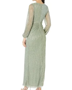 Long Sleeve Crinkle Metallic Gown with Draped Waist Detail