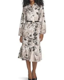 Long Sleeve Dot Crepe Belted Bubble Hem Midi