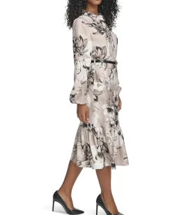 Long Sleeve Dot Crepe Belted Bubble Hem Midi