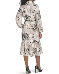 Long Sleeve Dot Crepe Belted Bubble Hem Midi