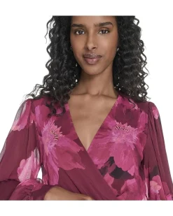 Long Sleeve Faux Wrap V-Neck Midi