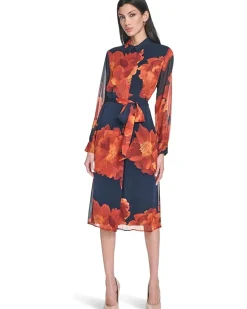 Long Sleeve Floral Chiffon Midi with Self Tie