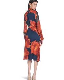 Long Sleeve Floral Chiffon Midi with Self Tie