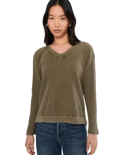 Long Sleeve Open V-neck Waffle Top