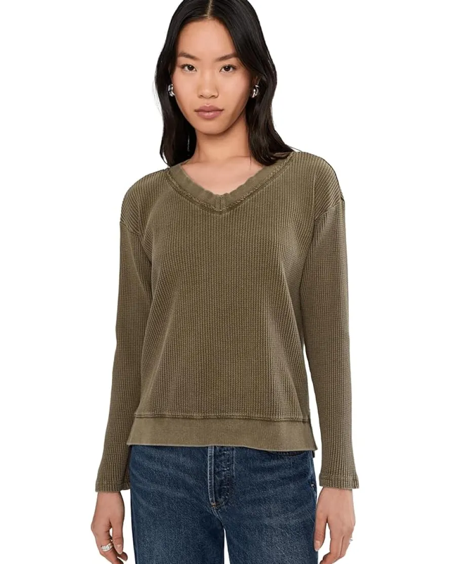Long Sleeve Open V-neck Waffle Top