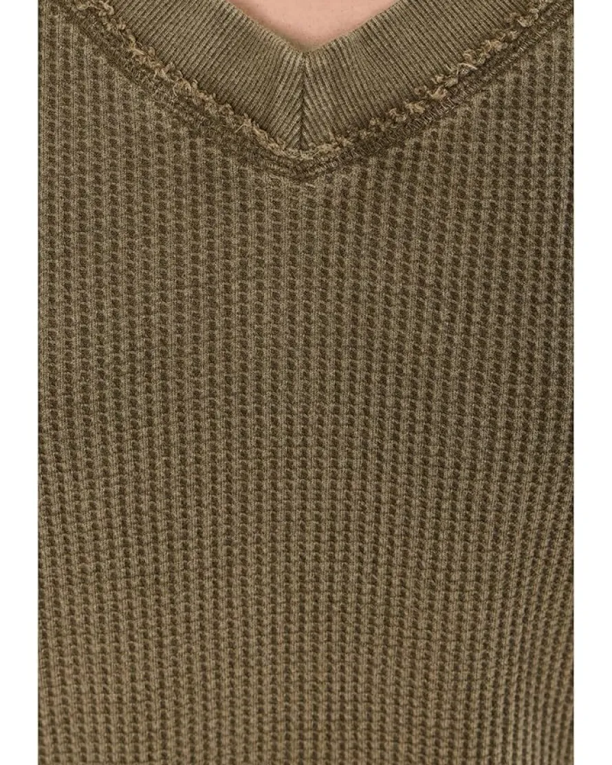 Long Sleeve Open V-neck Waffle Top