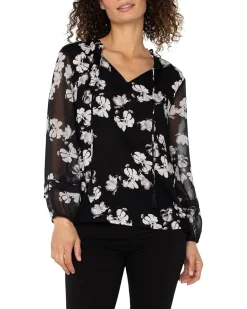 Long Sleeve Popover Shirred Woven Blouse