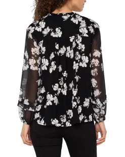 Long Sleeve Popover Shirred Woven Blouse