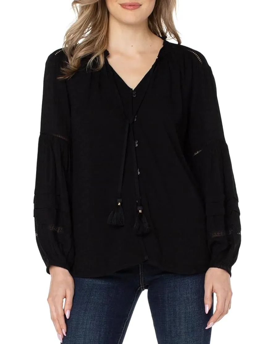 Long Sleeve Popover Shirred Blouse