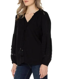 Long Sleeve Popover Shirred Blouse