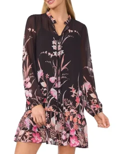 Long Sleeve Printed Dress With Tie Front