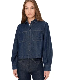 Long Sleeve Sculptural Sleeve Top In Rinse Wash